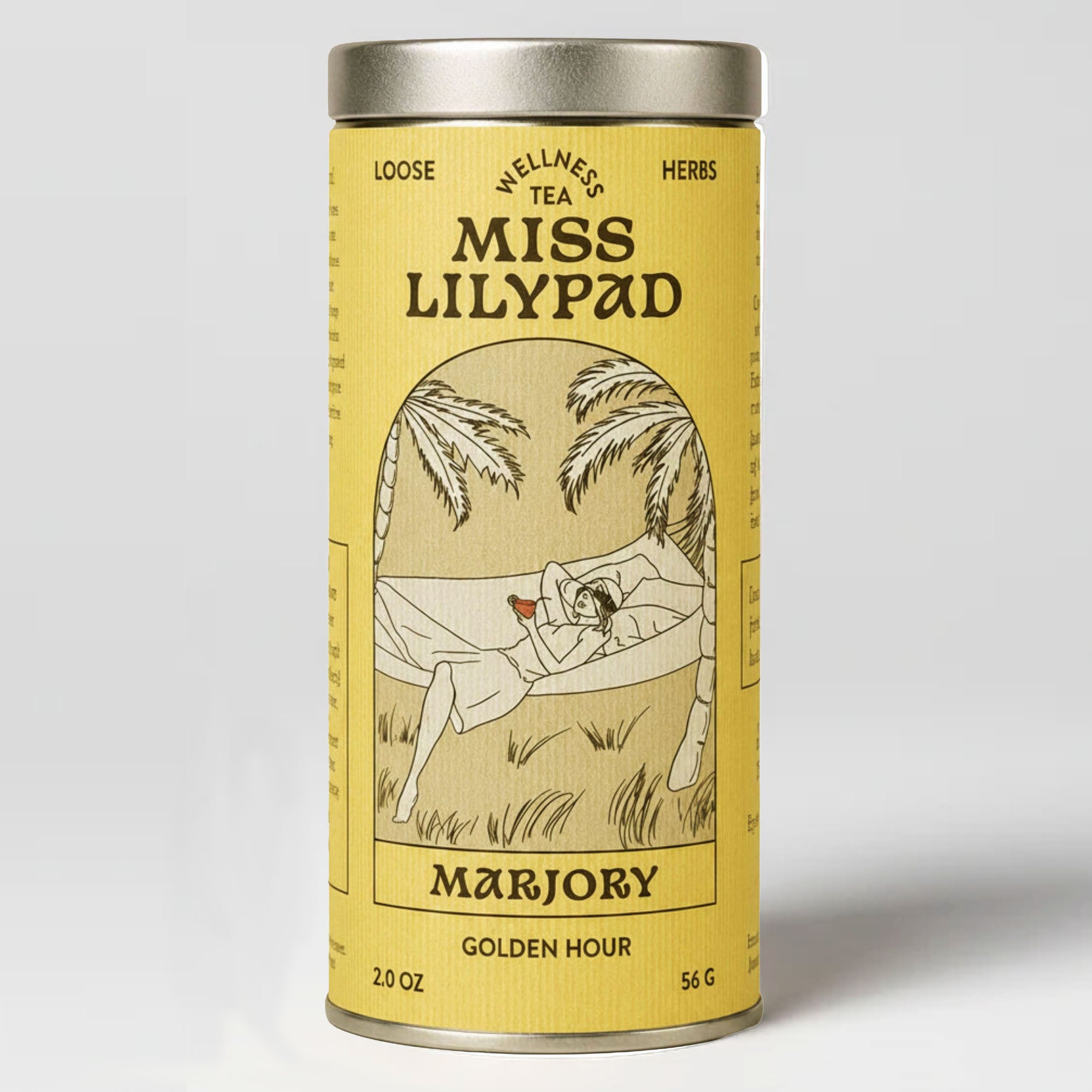 Miss Lilypad Golden Hour Marjory loose herbal tea in a cylindrical tin canister with an yellow label and silver metal lid and base. An illustration of a woman sipping red iced tea on a hammock held by two palm trees