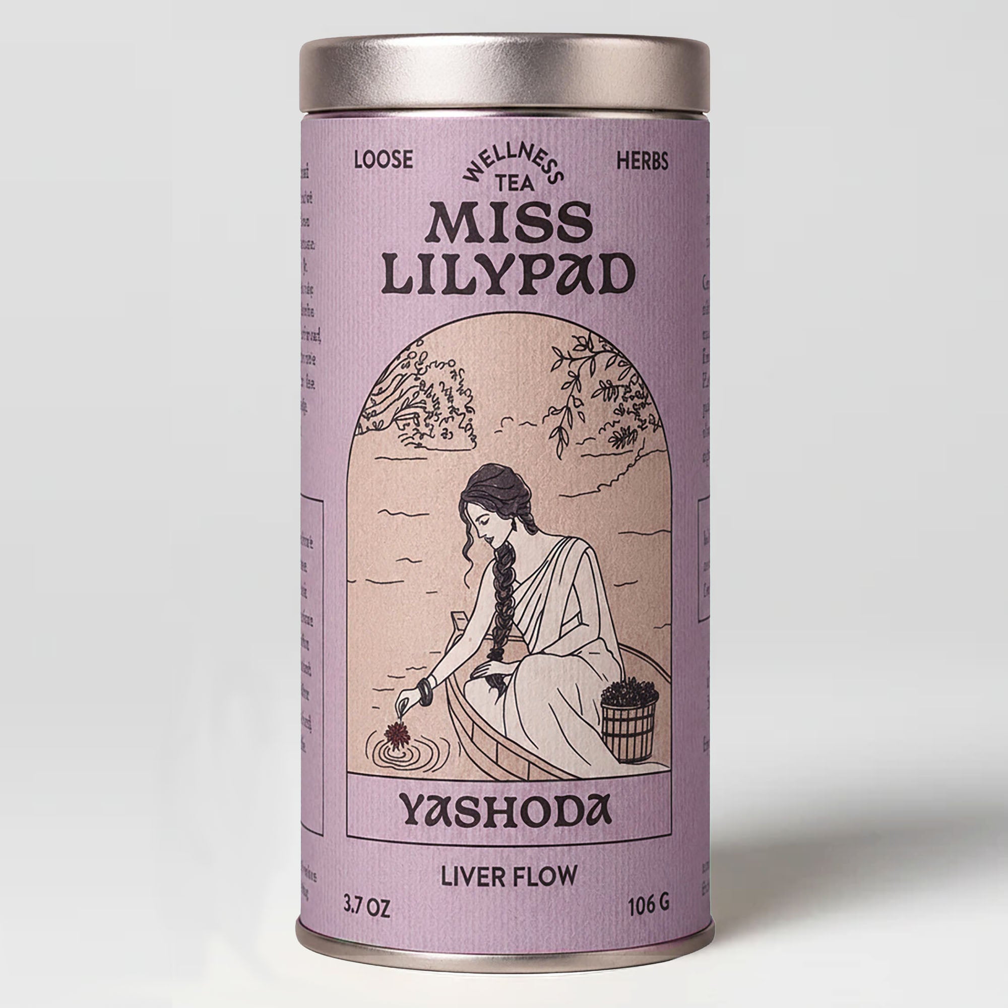 Miss Lilypad Liver Flow Yashoda loose herbal tea in a cylindrical tin canister with a lavender label and silver metal lid and base. An illustration of a woman wearing a sari sitting in a canoe picking a red lily flower