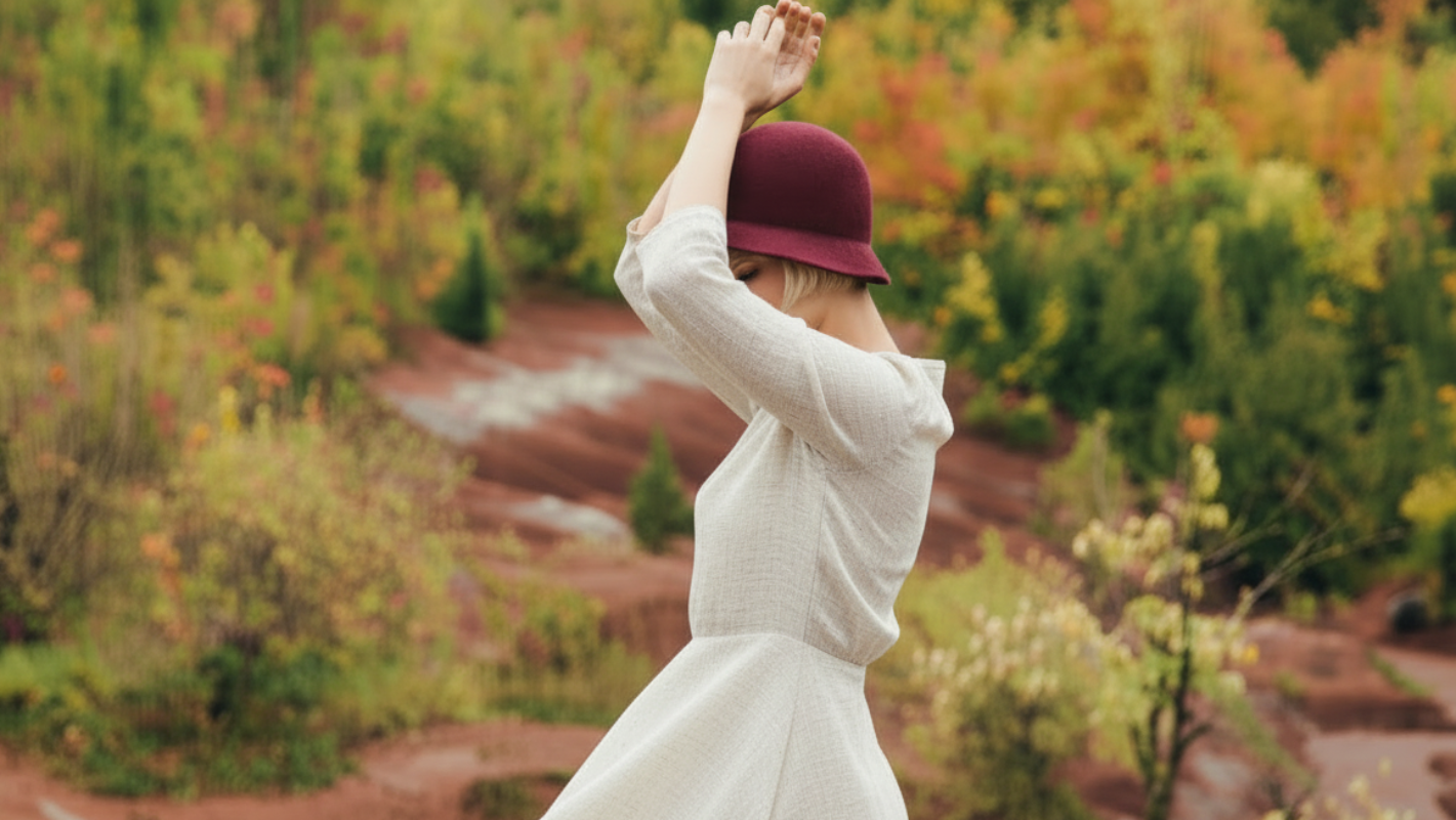 Woman in a white dress and red hat standing in an orchard with trees in the background